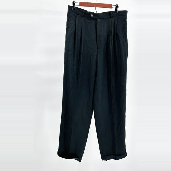 Vintage 90s Joseph Abboud Black 100% Silk Herringbone Pleated Dress Pants - Picture 1 of 9